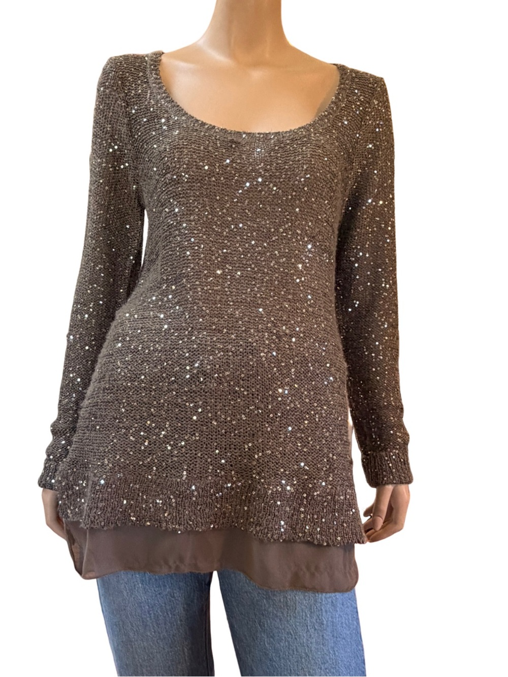 Le Château Mushroom Brown Sequin Knit Chiffon Hem Tunic Sweater - Large EUC